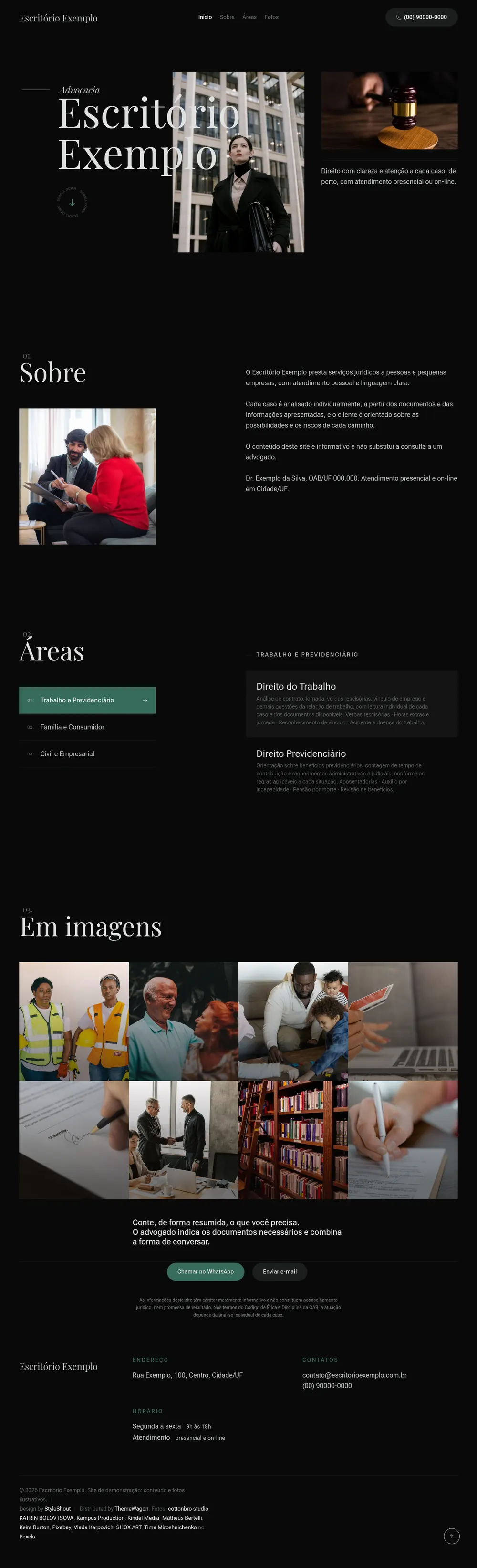 Miniatura de um site de advocacia de exemplo, modelo Noturno: fundo escuro, título grande em serifa, advogada e martelo de juiz no topo, áreas de atuação em abas, galeria de fotos e contato.