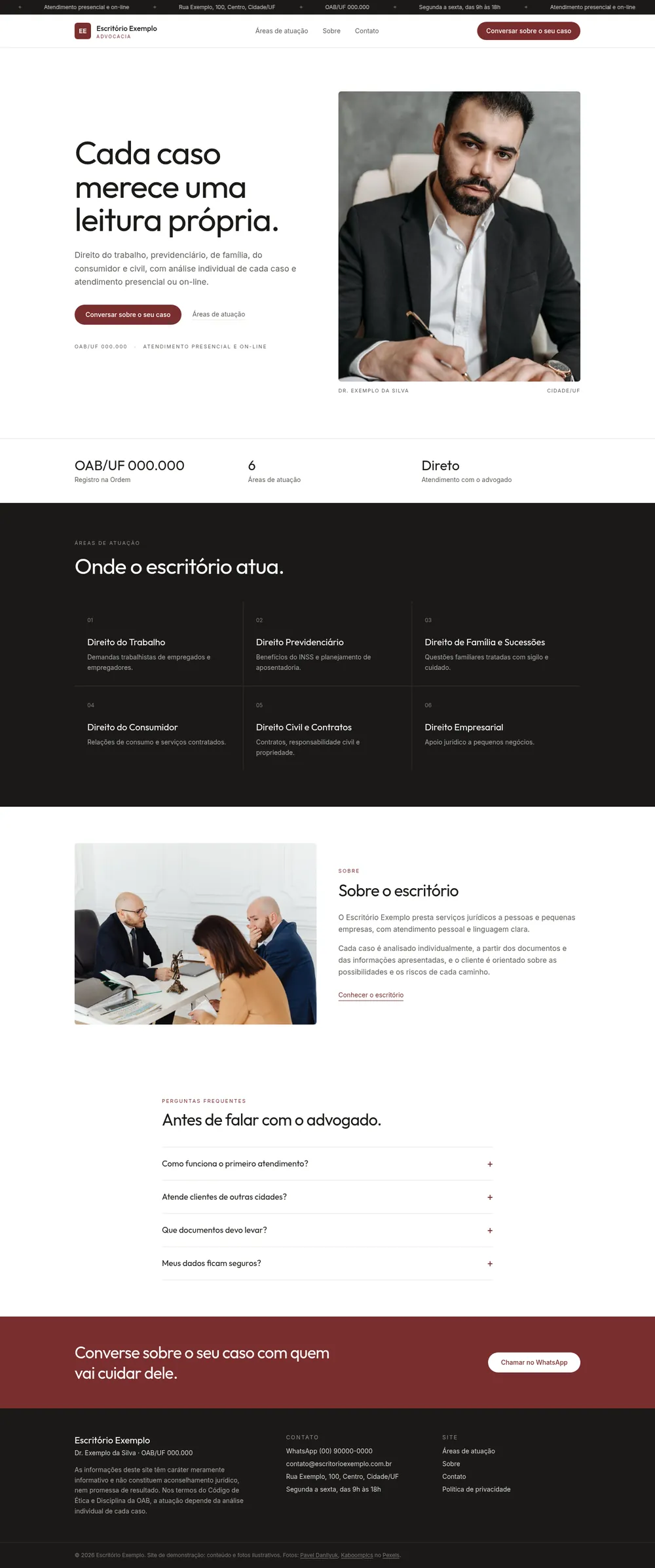 Miniatura de um site de advocacia de exemplo, modelo Sóbrio: retrato do advogado, áreas de atuação em fundo escuro, perguntas frequentes e contato.